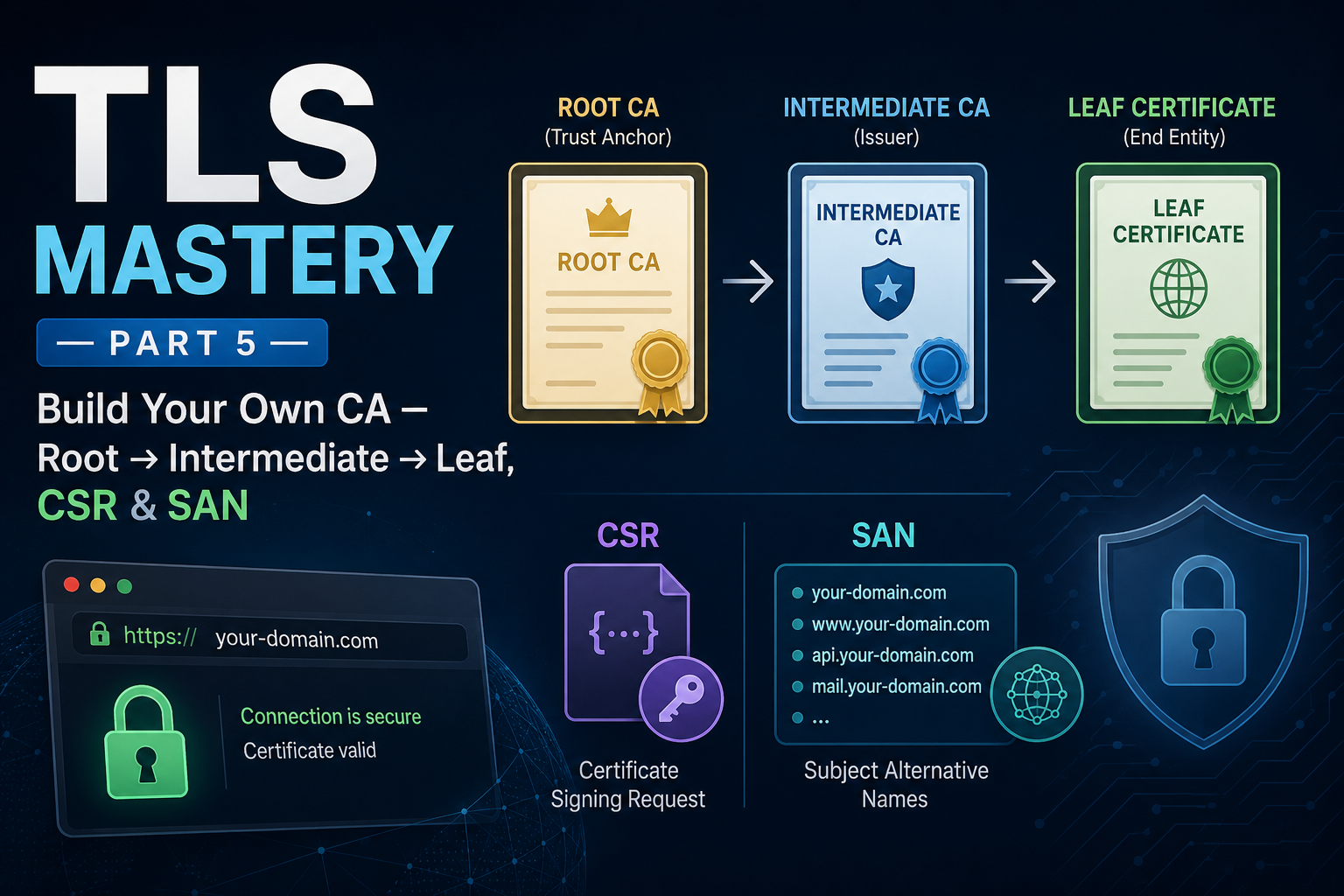 TLS Mastery — Part 5: Build Your Own CA — Root → Intermediate → Leaf, CSR & SAN